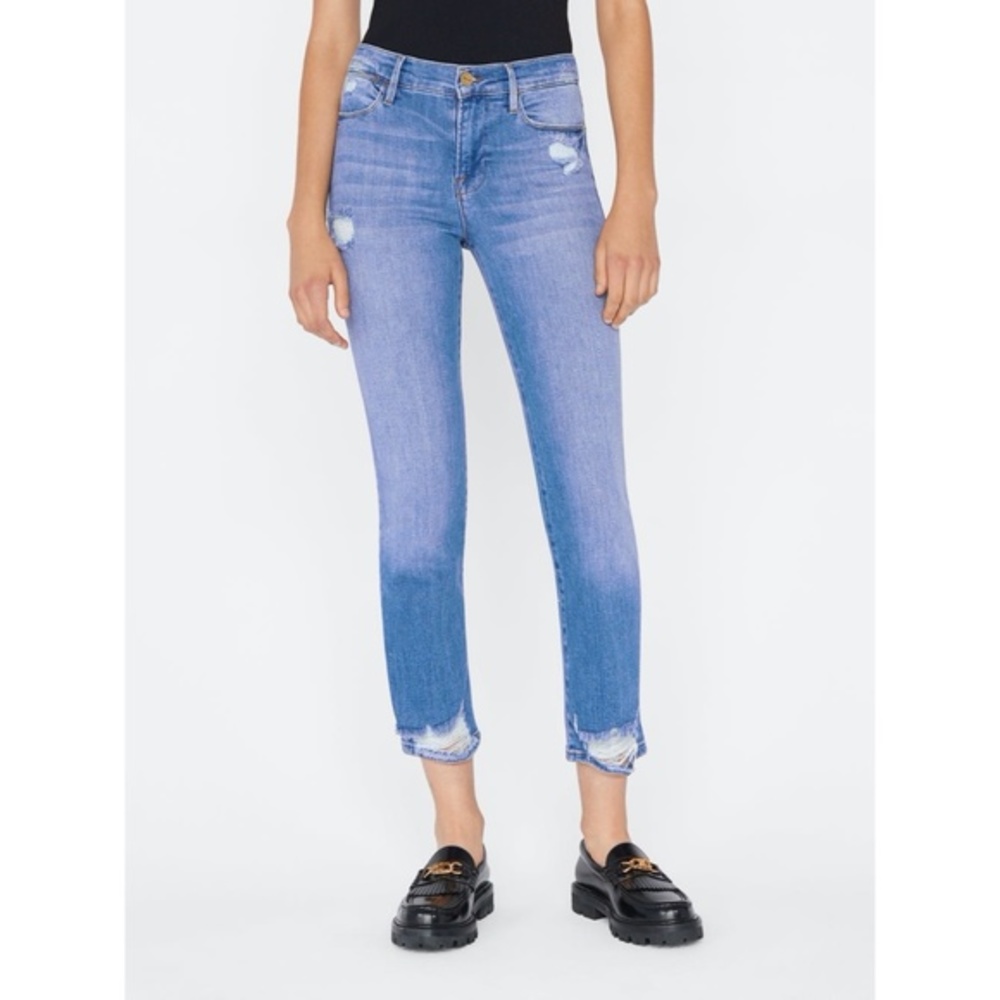FRAME Le High Straight Laskey Rips Raw Hem Jeans Blue 27‎